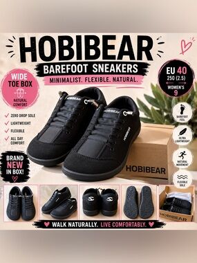 Hobibear Women's Black Barefoot Sneakers - Minimalist Flexible Comfort